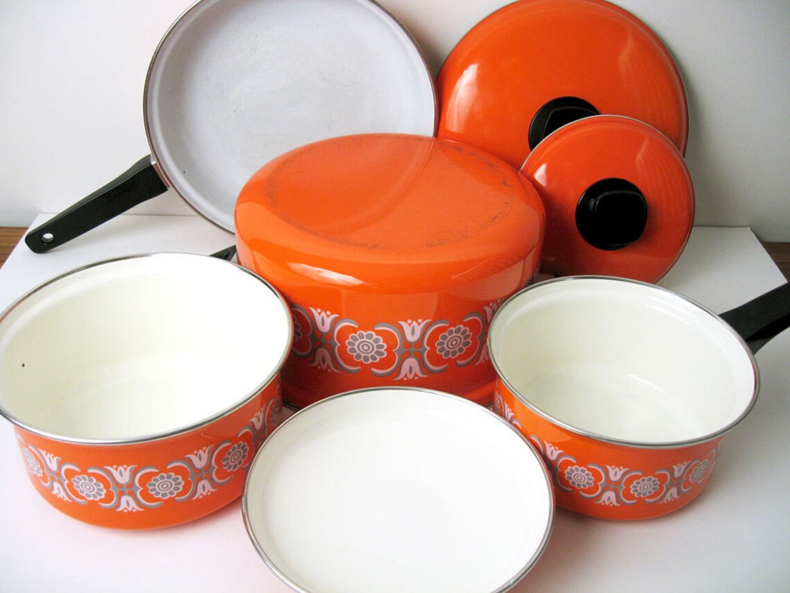 MidCentury Orange Enamel Cookware Set Etsy