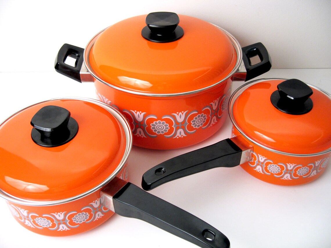 MidCentury Orange Enamel Cookware Set Etsy