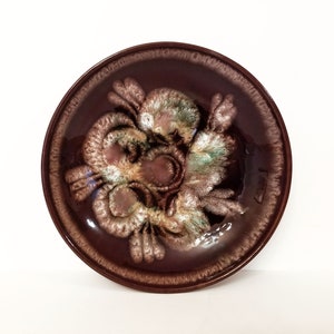 Mid-Century Brown Ceramic Pottery Plate McCoy Hull Drip Glaze Style Mottled Abstract Hand-Painted 70&#39;s Floral Modern Art Trinket Tray Dish
