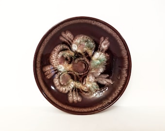 Mid-Century Brown Ceramic Pottery Plate McCoy Hull Drip Glaze Style Mottled Abstract Hand-Painted 70's Floral Modern Art Trinket Tray Dish