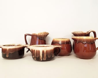 McCoy Era Brown Drip Glaze Collection Creamer Pitcher Sugar Bowl Sauce Dish Soup Mid-Century Modern USA Pottery Mottled Glaze Cream Set