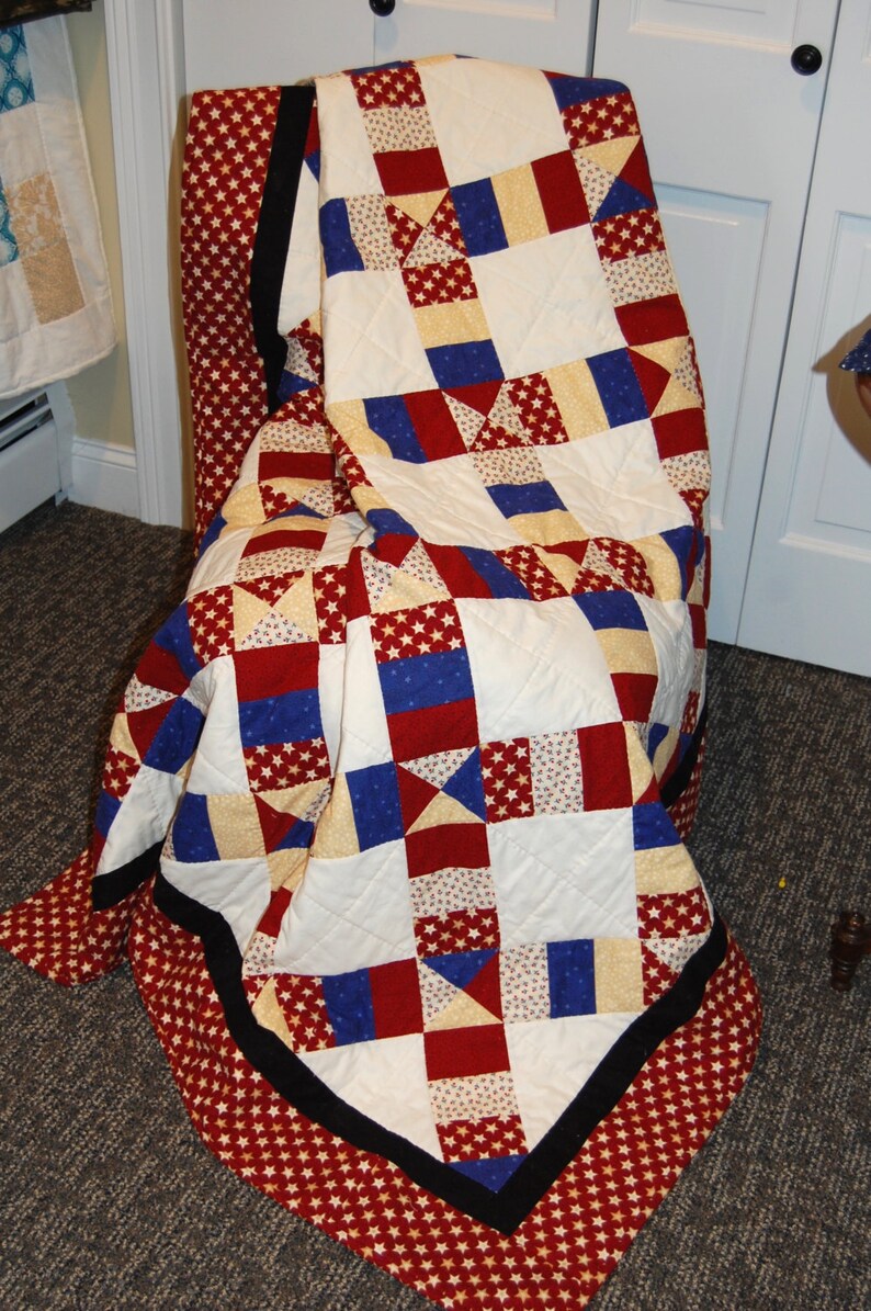 SALE, Americana Throw Quilt, Hand Quilted Stars and Stripes Blanket image 1