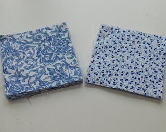 Blue and White Floral Fabric Blocks, 30 Blocks, 4 1/2 Inch Square