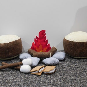 Discontinued, Last Set, Tree Bark Fabric, Kids Campfire Set with 2 Log seats, 2 Marshmallow Sticks and 2 S'mores