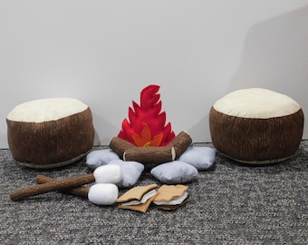 Discontinued, Last Set, Tree Bark Fabric, Kids Campfire Set with 2 Log seats, 2 Marshmallow Sticks and 2 S'mores