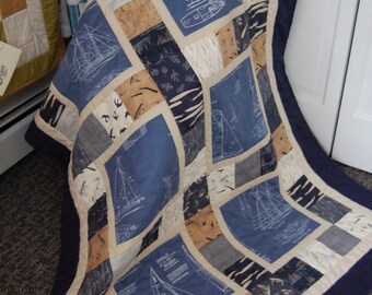 Ships Blueprint Quilt, Hand Quilted Nautical, Hearty Good Wishes Throw Size Quilt