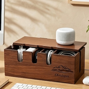 Personalized Wood Cable Management Box, Desk Organizer & Cord Hider, Power Strip Cover, Aesthetic Office Decor Gift, Home improvement