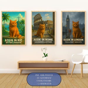 Assik Around the World – Juego de pósteres de la ciudad de los gatos (7 impresiones), arte mural digital, descarga imprimible en formato A3/A4