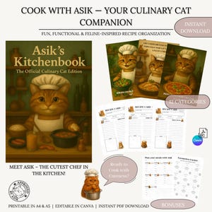 May include: A digital download featuring a cookbook and recipe cards with a culinary cat theme. The cookbook cover reads "Asik's Kitchenbook" with a cat chef illustration. Recipe cards and bonus content are also included. The text reads "Cook with Asik - Your Culinary Cat Companion".