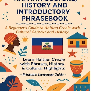 May include: A vibrant graphic promoting Haitian culture and language. The design includes the text "HAITIAN CULTURE, HISTORY AND INTRODUCTORY PHRASEBOOK" and illustrations of a flag, a house, a drum, and people.