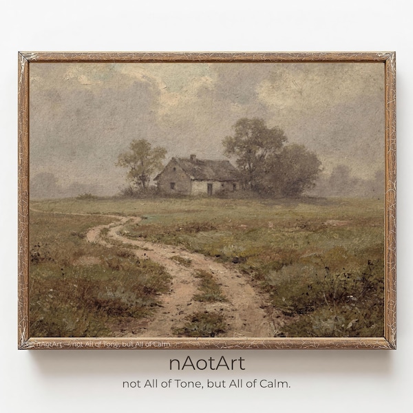 Landelijk pad naar de boerderij | Vintage ton-sur-ton landschapsolieverfschilderij | Samsung lijst tv-kunst en afdrukbare muurkunst | 8K-master met hoge resolutie