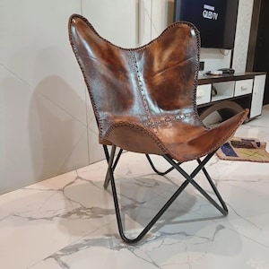 Leather butterfly chair, leather accent chair, leather garden chair,  living room luxury, accent patio furniture (Full Chair)