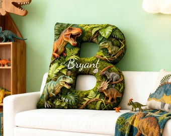 Cojín personalizado con inicial y nombre, estampado 3D con diseño de dinosaurios, ideal como regalo de Navidad o para decorar la habitación de un niño.