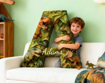 Cojín personalizado con inicial y temática de dinosaurios, Cojín con letras del mundo de los dinosaurios, Cojín con inicial y nombre de dinosaurio, Regalo de Navidad
