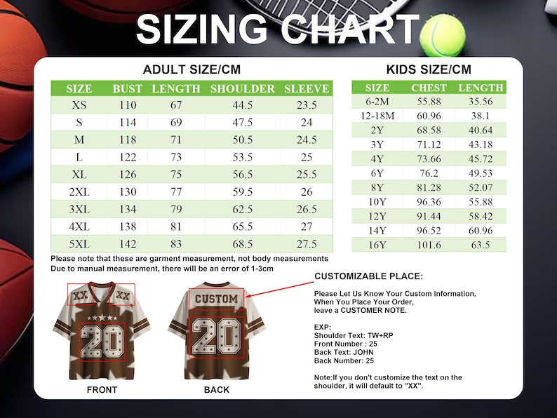 Puede incluir: Tabla de tallas para camisetas de adulto y ni&ntilde;o, con medidas en cent&iacute;metros. Incluye tallas de pecho, largo, hombro y manga para adultos, y pecho y largo para ni&ntilde;os. Ejemplos de dise&ntilde;o de camisetas con texto y n&uacute;meros personalizables.