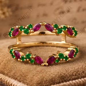 Pink Ruby Enhancer Ring, Lab Created Emerald Ring Guard, Yellow Gold Wedding Band Jacket, Colorful Curved Wrap, Anniversary Gift for Her