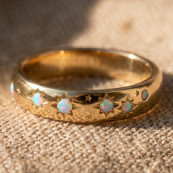 Lab Created Opal Star Ring, 14k Gold Celestial Band, Dainty Stacking Ring, October Birthstone Jewelry, Celestial Wedding Gift for Her