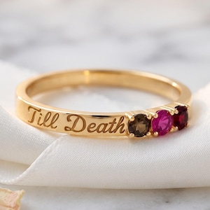 Custom Three Stone Till Death Ring, Smoky Quartz Ruby and Garnet Gold Band, Personalized Engraved Promise Ring, Multi Gemstone Jewelry