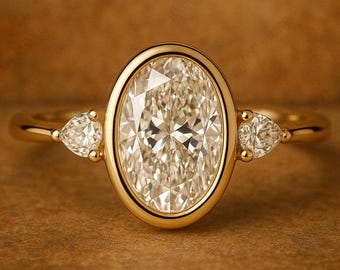 Oval & Pear Cut Moissanite Sparkle Wedding Ring, Engagement Stackable Ring, Three Stone Bezel Set Ring, Minimalist Jewelry For Anniversary