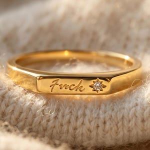 Dainty Profanity Ring, Engraved Swear Word Gold Ring, Edgy Bar Ring with Diamond Star Setting, Funny Best Friend Gift, Statement Jewelry