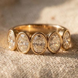 Oval Moissanite Bezel Band, 5 Stone Wedding Ring in Yellow Gold, Vintage Half Eternity Stacking Ring, Lab Created Anniversary Gift for Her