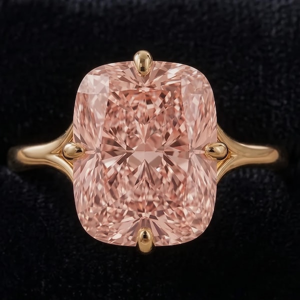 Cushion Cut Morganite Ring, Compass Setting Engagement Solitaire in Yellow Gold, Split Shank Peach Pink Gemstone Bridal Gift for Her