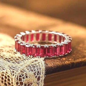 Octagon Cut Ruby Eternity/ Wedding Band Ring/July Birthstone Ring/ Thick Band Ring For Anniversary/ Elegant Women's Jewelry For Gift