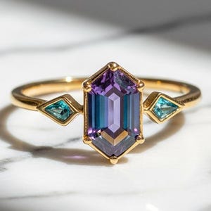 May include: A gold ring with a large, multi-faceted purple and blue gemstone at the center. Two smaller, teal-colored gemstones flank the central stone. The ring is set on a white marble surface, with shadows adding depth.