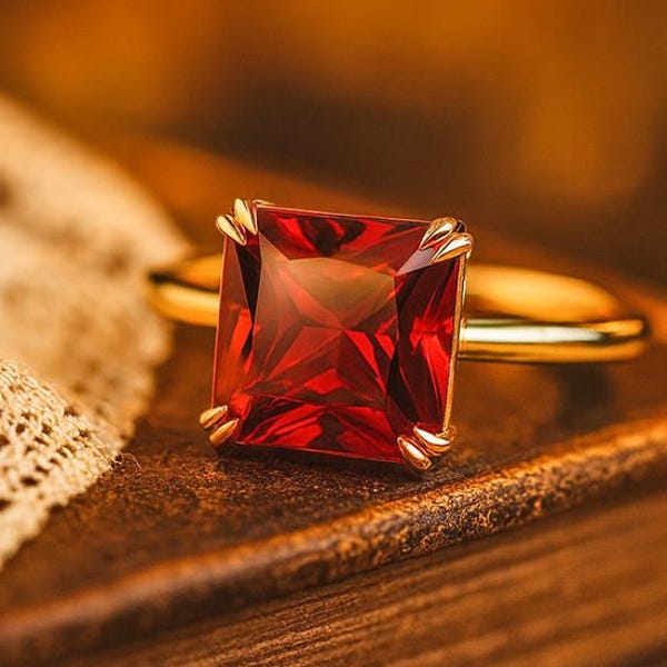 Princess Cut Garnet Drop Earrings, Dainty Red Gemstone Hoop Earrings for Women, January Birthstone Jewelry, Anniversary Gift for Her