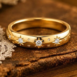 May include: A gold ring with star and diamond detailing. The ring is displayed on a vintage book with a lace edge. The ring features star-shaped designs, each with a small diamond, and small diamond accents. The ring is a beautiful piece of jewellery.