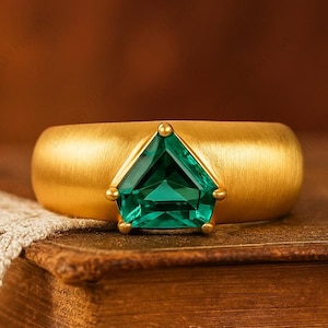 Pentagon Emerald Solitaire Ring, Wide Band Engagement Ring, Thick Jewelry For Wedding, Birthday Present Gift, May Birthstone Ring