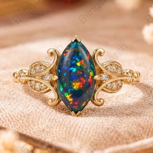 Marquise Black Opal & Moissanite Ring, Yellow Gold Split Shank Engagement Band