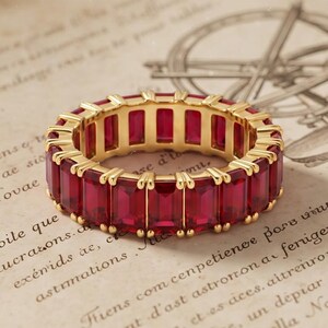 Lab Created Red Ruby Eternity Ring, Octagon Cut Thick Anniversary Band, July Birthstone Wedding Ring, Statement Baguette Ring for Wedding
