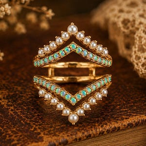 Vintage Style Pearl and Opal Ring Enhancer in Yellow Gold, Double Chevron Ring Guard, Curved Stacking Band and Ring Jacket for Men and Women