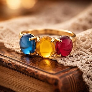 London Blue Topaz & Ruby Three Stone Ring, Stackable Anniversary Ring, Minimalist Dainty Ring, Citrine Proposal Ring