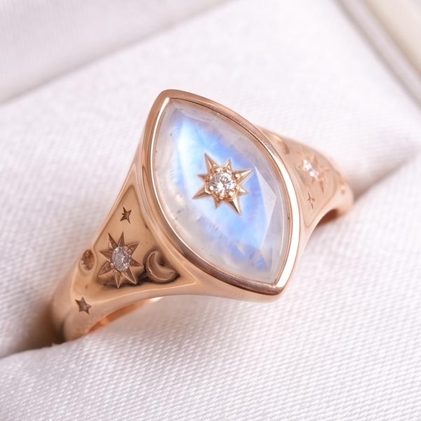 Celestial Marquise Moonstone Ring in Yellow Gold, Starburst Signet Ring, Boho Statement Ring for Women, Witchy Crescent Moon Jewelry