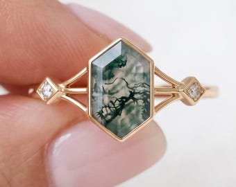 Hexagon Moss Agate & Moissanite Engagement Ring, Unique Geometric Wedding Ring, Art Deco Style 14K Yellow Gold Ring, Nature Inspired Jewelry