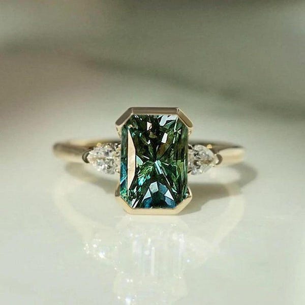 Emerald Cut Teal Tourmaline & Pear Cut Moissanite Engagement Ring, Three Stone Anniversary Ring, Stackable Ring, Elegant Jewelry For Bridal