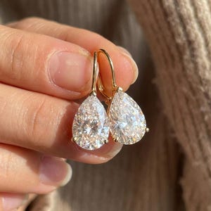 Pear Moissanite Drop Earrings, Teardrop Solitaire Dangle Earrings for Women, Minimalist Bridal Hook Earrings, Dainty Anniversary Gift