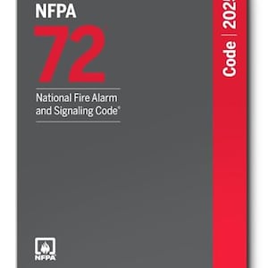 May include: A rectangular book cover with a dark gray background and a vertical red stripe on the right side. The text reads NFPA 72 National Fire Alarm and Signaling Code, with Code 2025 printed vertically in the red stripe and the NFPA logo at the bottom.