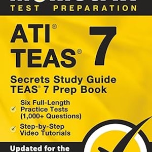 May include: A yellow and black book cover with the text "Mometrix TEST PREPARATION" at the top. The title "ATI TEAS 7" is prominently displayed. The book is a "Secrets Study Guide TEAS 7 Prep Book" with practice tests and video tutorials.