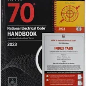 May include: A collection of electrical reference books, including the "NFPA 70 National Electrical Code Handbook 2023" and "Ugly's Electrical References 2023 Edition." The handbook is black with red and white text. The reference book is yellow and red.
