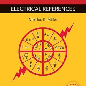 May include: Ugly's Electrical References 2023 Edition book cover with a red and yellow background. The cover features a central circular electrical formula wheel with lightning bolts and a small bulldog illustration wearing a yellow cap.