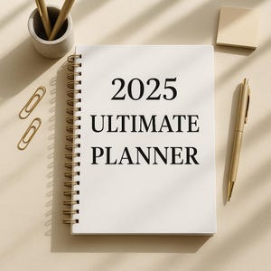 Planificador digital definitivo 2025: organizador mensual y semanal en PDF imprimible de descarga instantánea con seguimiento de hábitos y objetivos.