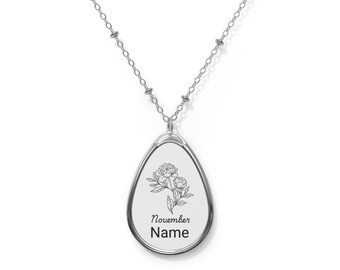 Necklace, November Birthday Flower with Customizable Name, Personalized Jewelry, Floral Pendant, Gift for Her, Oval Charm Necklace