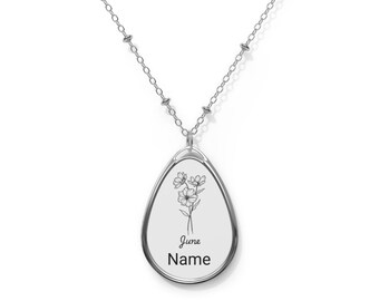 Necklace, June Birthday Flower with Customizable Name, Personalized Jewelry, Floral Pendant, Gift for Her, Oval Charm Necklace