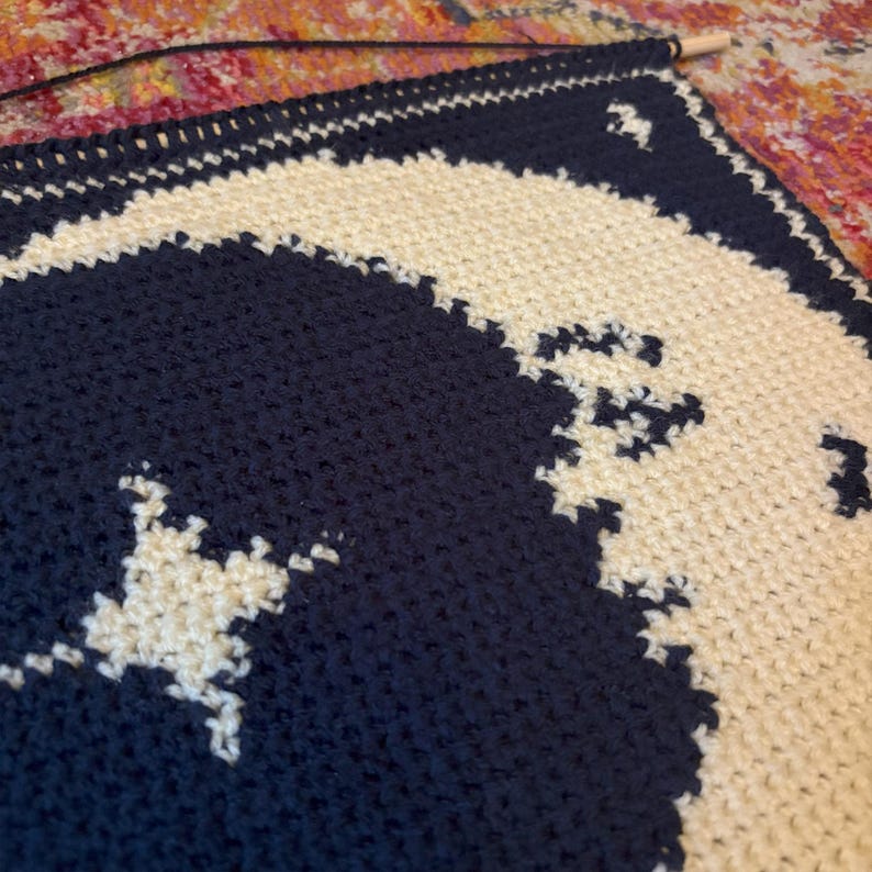 May include: A navy blue and cream-coloured crochet wall hanging featuring a crescent moon and star design. The handmade piece is mounted on a wooden dowel with a black cord for hanging. The crochet work has a textured appearance.