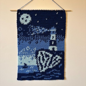 Lighthouse Sea Boat Night Tapestry Crochet Pattern / Wall Hanging / Home Decoration [PDF Download]
