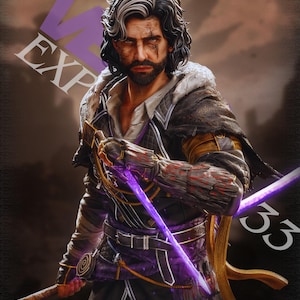 Può includere: Illustrazione digitale di un personaggio con lunghi capelli ondulati bianchi e neri, barba e cicatrici sul viso. Il personaggio indossa un'armatura scura e tiene due spade viola luminose. Il testo "EXP" e "33" è visibile, con "KYLEVERSESTUDIO" in basso.