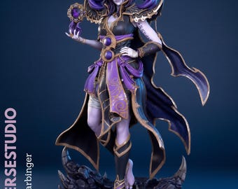 May include: A 3D printed figurine of Xal'atath Harbinger featuring a pale-skinned character with purple hair, pointed ears, and dark markings. The figure wears black and purple armor with gold trim, holds a glowing orb, and stands on a rocky base.